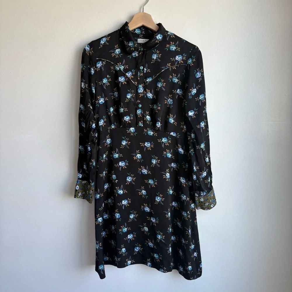 Sandro Paris Black Floral Button-Front Satin Dress- Size 38 (US 6) 100% Viscose - Picture 4 of 14
